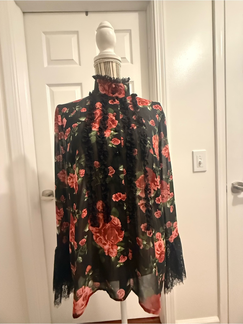 Floral Black High-Neck Blouse with Lace Trim Ruffle Front Touch of Cyn
